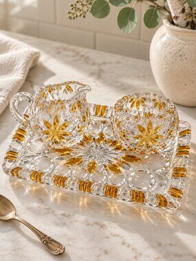 Vintage Walther Germany Cut Glass Cream and Sugar Set Yellow and Clear with Tray